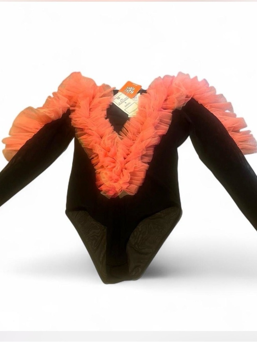 Women's Black Bodysuit with Coral Ruffle‎ V-Neck